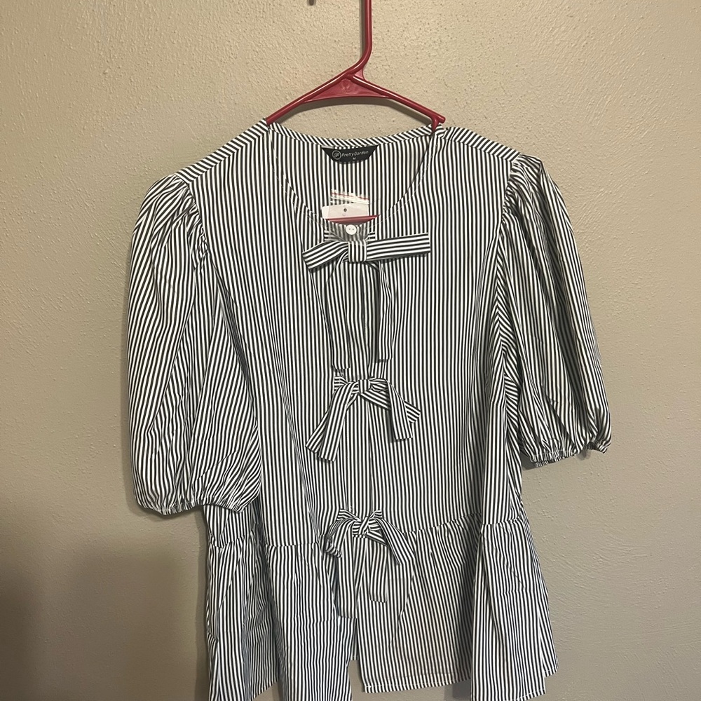 Navy Striped Bow Detail Blouse